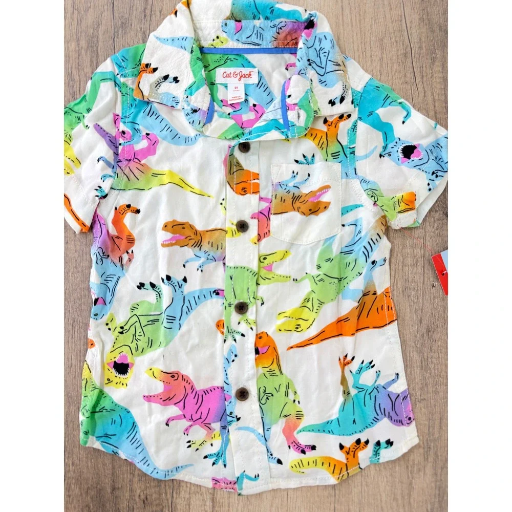 Cat & Jack Toddler Boys Dino Cream Print Short Sleeve Button Down Shirt 2T NWT